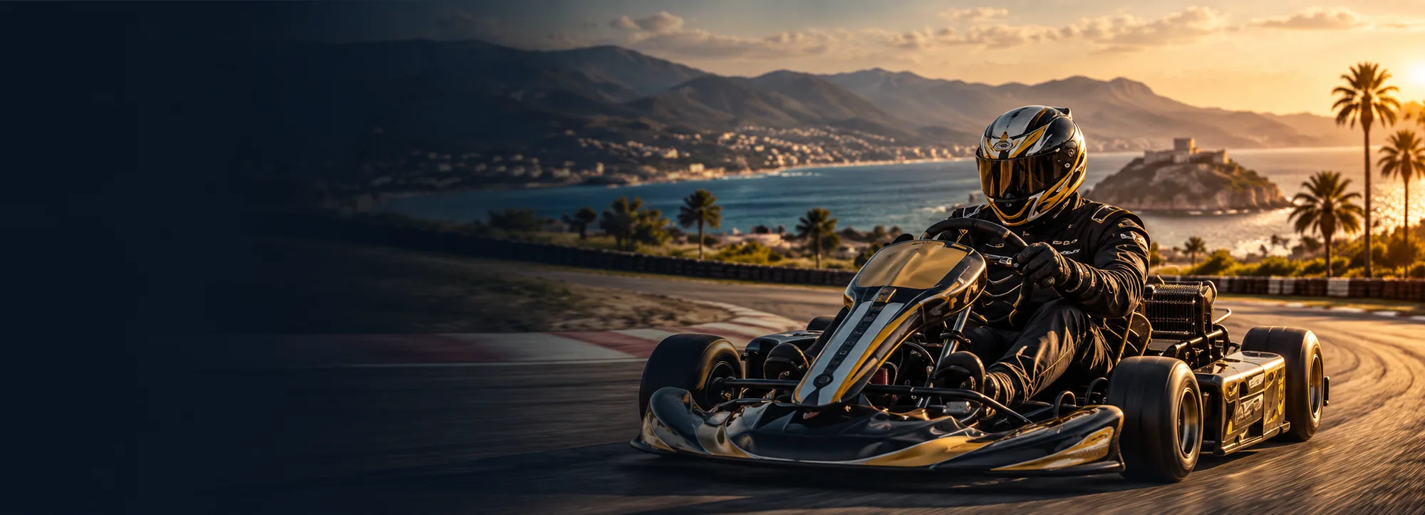 Driver in a KartProm racing kart on a coastal circuit