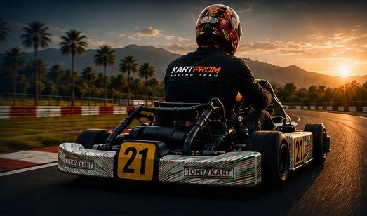 Driver in a Tony Kart racing kart at sunset